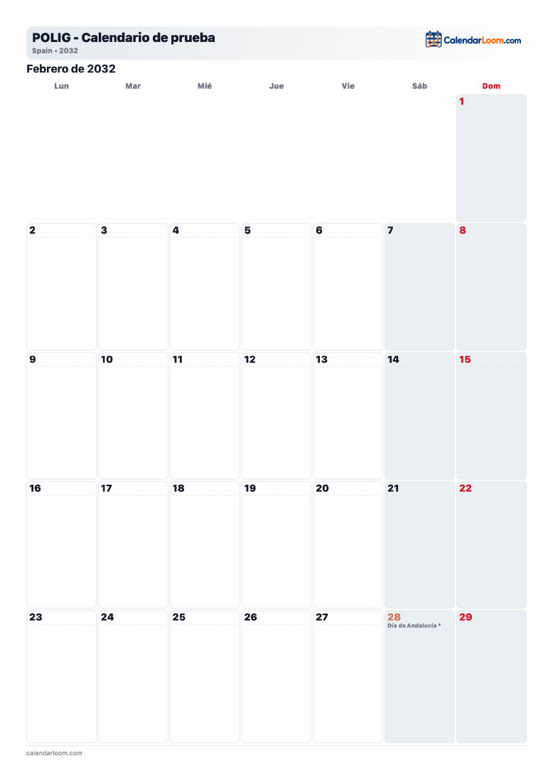 Испанский календарь Calendarloom с собственным заголовком и логотипом сервиса.