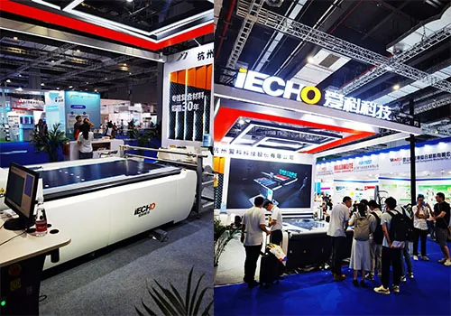 iECHO BK4 на China Composites Expo 2023 в Шанхае. Фотоколлаж с цифровым столом iECHO BK4 на выставочном стенде China Composites Expo 2023
